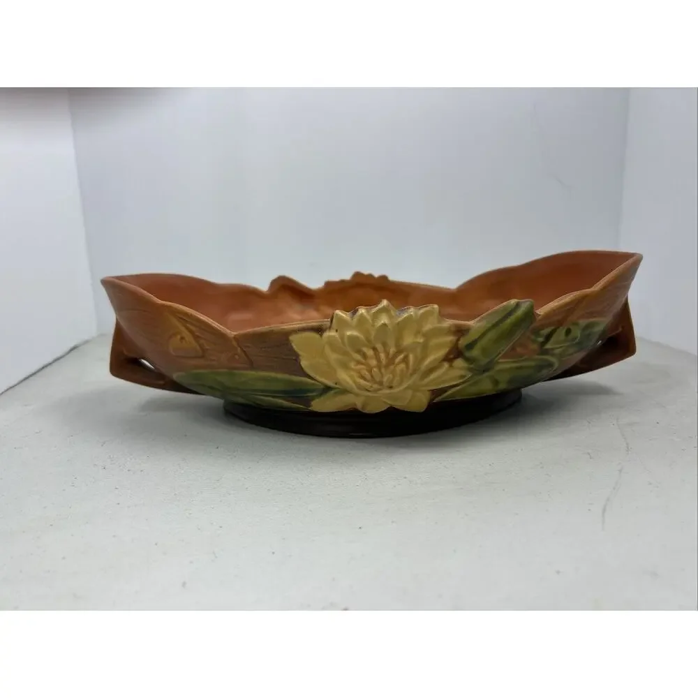 Vintage Roseville Pottery Console‎ Bowl Water Lily Brown 443-12 USA Beauty